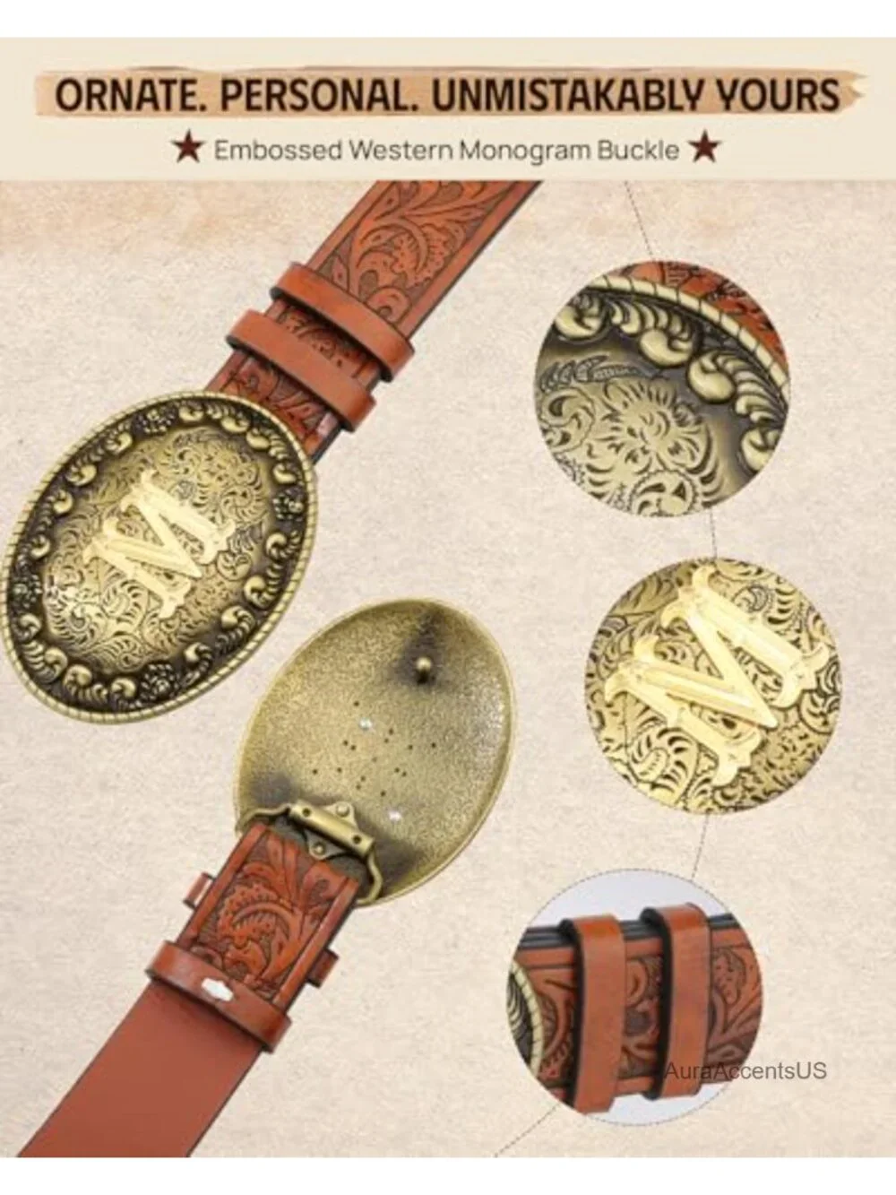 Western Cowgirl Belt with Initial Buckle PU Leather